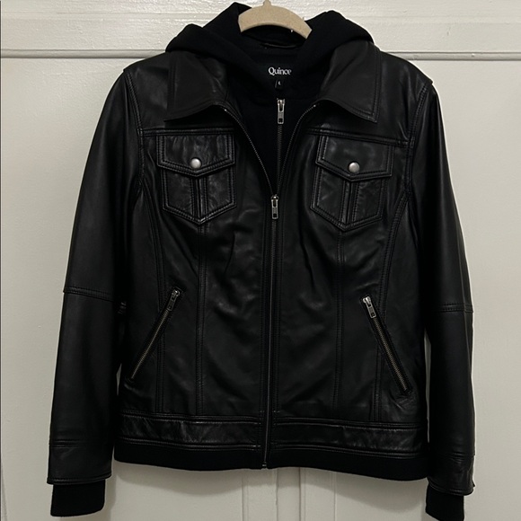 Quince NWOT Women's Black Leather Jacket with Hood - Picture 6 of 13